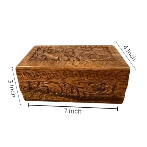 Handcrafted Wooden Jewelry Box – Floral Carvings, Secret Child-Resistant Lock, 7" Tabletop Trinket Holder – Ideal Valentine's Gift for Earrings, Rings, Necklaces, and Keepsakes 7" Box