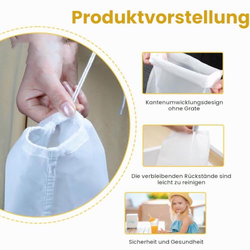 DEANKEJI Press Bag, Pack of 10, Nylon Filter Bag with Drawstring, White, Washable | High-quality nylon, fine mesh net and drawstring, tear-resistant, washable, for juice, soy milk, nut milk, vegetables