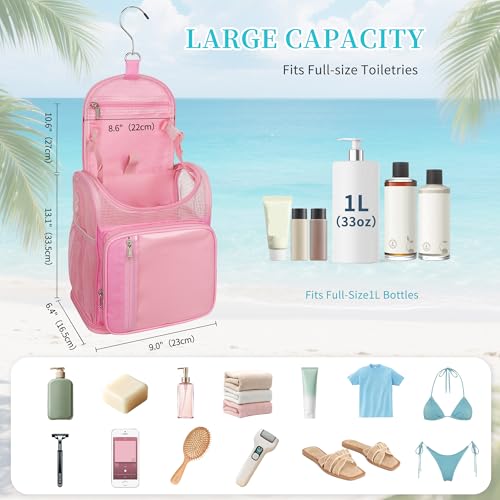 Pink medium hanging shower caddy by Bagmoly, portable travel toiletry bag with multiple compartments for college use