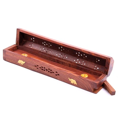 Puckator Sheesham Wood Ashcatcher Incense Burner Box Elephants - Spiritual Zen Gothic Incensé Insence Sticks Cones Holder Burner - Home Aesthetic Yoga Room Decor Accessories Gift