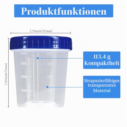 15 x 120ml Clear Blue Pee Cups with Screw Lid and Scale | Leak proof sample containers, clear plastic, blue lids, for urine samples, laboratory and paint mixes 15