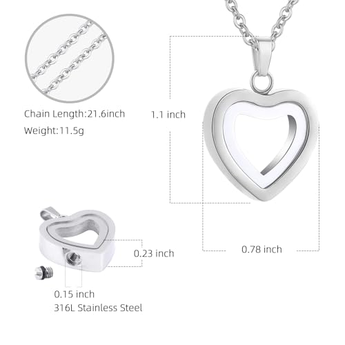Glass Heart Cremation Urn Necklace for Ashes Stainless Steel Memorial Ash Pendant Keepsake Jewelry Cremation Jewelry for Women Silver