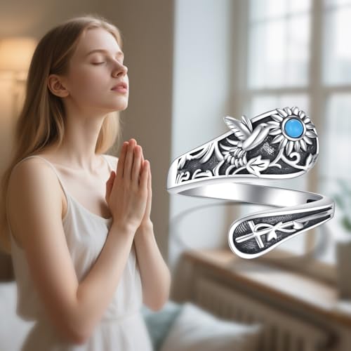 Sunflower/Hummingbird/Mountain Spoon Ring Sterling Silver Vintage Adjustable Antique Spoon Rings for Women Flower Wide Thumb Ring Hummingbird Urn