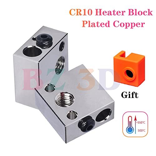 BZ 3D Ender 3 Heater Block,CR-10 Upgrade Plated Copper Heater Block,MK8 High Temperature Heating Block with Silicone Socks for Ender 3/Ender 3 V2/Pro/Ender 5/Plus/CR10/S4/S5 3D Printer Hotend.(2PCS) 2PCS Plated Copper