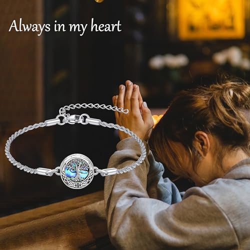 Urn Bracelet for Ashes 925 Sterling Silver Abalone Shell Cremation Jewelry for Ashes Keepsake Pendant Locket Bracelet for Women Mem A-Tree of Life