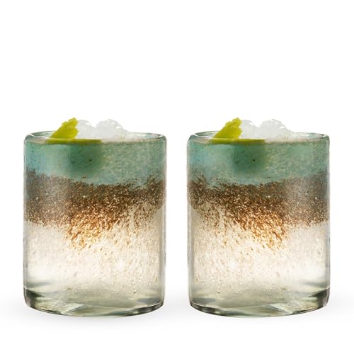 Segunda Vida Playa Bonita Hand-Blown Tumblers, Recycled Drinking Glasses, Coastal Inspired Sea Blue and Sand Design, Mexican Glassware, Decorative Drinkware for Home Bars, 10 oz, Set of 2 Modern