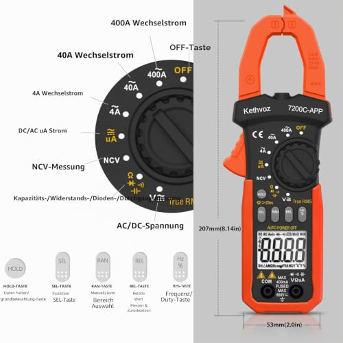 Bluetooth Clamp Meter, Kethvoz 4000 Counts TRMS Clamp Multimeter Auto Range Measurement 0-400A DC/AC Current Voltage Ohm Capacity Continuity NCV, Digital Clamp Ammeter