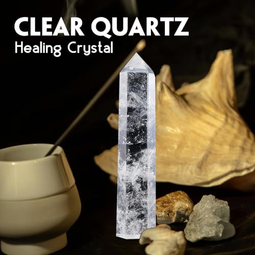 Runyangshi Large Natural Clear Quartz Chakra Crystal Tower - 7"-7.8"(18-20cm) Hexagonal Healing Crystal Obelisk for Energy Healing, Meditation, Home Decor, 7"-7.8"(18-20cm)