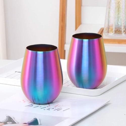 Buyer Star Double-Walled Metal Wine Cup - 17oz Unbreakable Stainless Steel Stemless 6-pack Tumbler Glasses for Chilled Drinks, Perfect for Father's Day, BBQ, Picnic & Beach (Rainbow) Rainbow