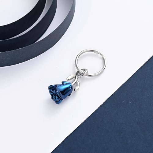 constantlife Rose Flower Urn Keychain Cremation Jewelry for Ashes, Stainless Steel Memorial Pendant Gift Funeral Keepsake Blue