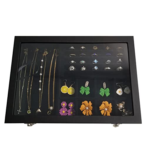 Clear Lid Jewelry Organizer Box for Women Wife Girlfriend Black-8 grids & 5 ring slots & 7 necklace hooks