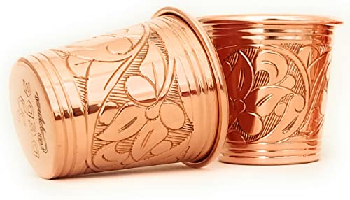 DEDE Copper - 2023 CC Series 2 oz (Set of 2) Tequila/Vodka Shot Glasses, Mini Moscow Mule Cup, Handmade Unlined Uncoated Thickest Pure Solid Copper mini Tumblers for Cocktails (Engraved Tulip) Engraved Tulip