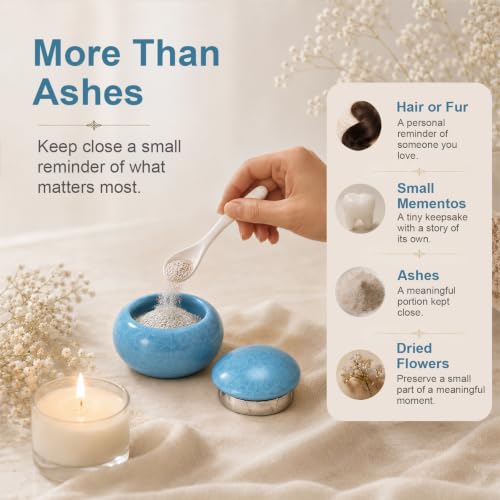 Small Urn for Human Ashes, Blue Ceramic Mini Keepsake with Spoon