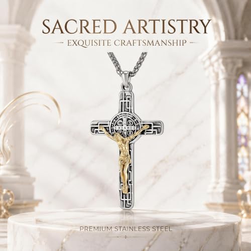St Benedict Crucifix Necklace Stainless Steel Gold Tone Catholic Gift
