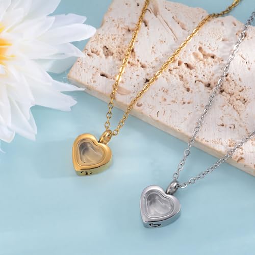 Cremation Jewelry Small Heart Urn Necklaces for Ashes for Women Men, Glass Memorial Locket Keepsake Urn Pendant for Human Ashes Holder Gold