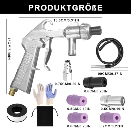 Sandblasting Gun Set 16 Pieces with 14 Nozzles, Compressed Air Sand Blaster | With 1 m hose, metal sand blasting gun for rust removal, paint removal and cleaning