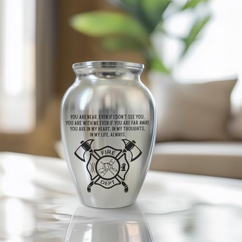Fireman Mini Keepsake Urn, Stainless Steel Small Memorial Urn for Human Ashes, Engraved Firefighter Helmet & Axe Design, 2.56" Decorative Funeral Urn for Brave First Responders