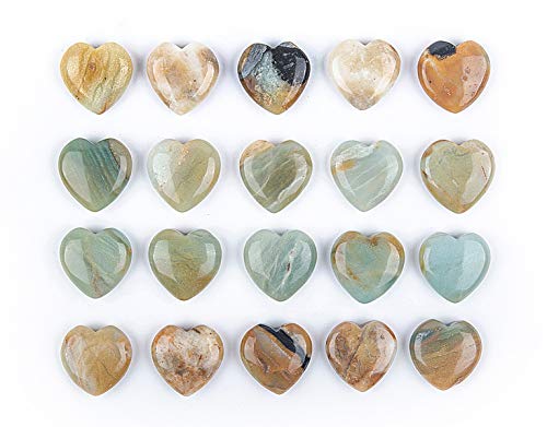JIC Gem Set of 20 pcs 30mm Amazonite Healing Crystal Fluorite Heart Stones Love Carved Palm Worry Stone Energy Yoga and Decoration