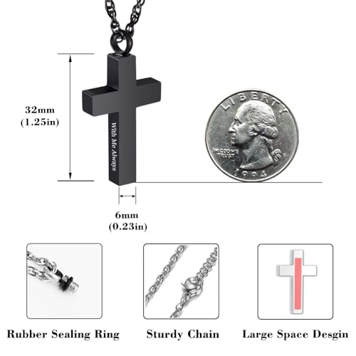 Cremation Cross Necklace for Ashes Cross Urns Locket Pendant Ashes Holder Stainless Steel Memorial Jewelry-With Me Always Black