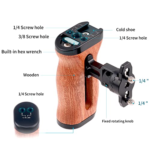 FocusFoto Wooden Side Handle Grip Left/Right Handgrip with 1/4"-20 & 3/8"-16 & Cold Shoe Mount Universal for DSLR Mirrorless Camera Cage Rig Video LED Light (Quick Releae Version) Quick Releae Version