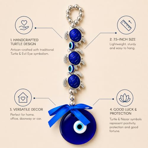LoveNspire Evil Eye Turtle Hanging Decor for Home, Car & Office – Turkish Nazar Protection Charm, Handmade Blue Wall Hanging for Good Luck, Housewarming Gift, Door Decor Ornament (7.5 Inch) Evil Eye With Turtle