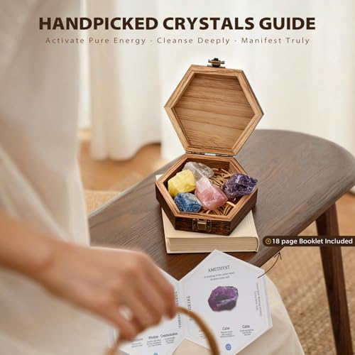 7 Chakra Healing Crystals Set - 7 Raw Stones, Wooden Box & Guide 7 Colors