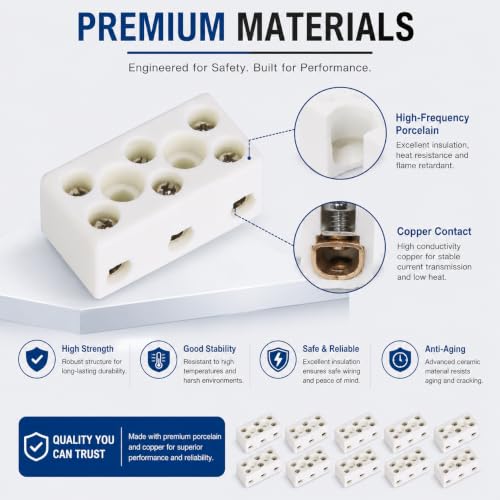 Ceramic Terminal Blocks, Ceramic Connectors, Pack of 10 3 Way 24A TC-613 Porcelain Connectors, High Temperature Resistant Terminal Block for Electrical Wiring