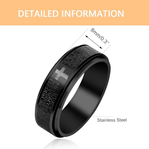Uloveido Lord's Prayer Cross Spinner Ring for Men Engraved with Bible Verse Our Father Deliver Us From The Evil - 8mm Wide Black Titanium Steel Anxiety Fidget Band Praying Rings for Christian Z