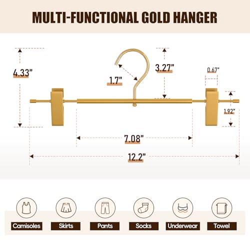 10 Pack Gold Metal Pants Skirt Hangers with Clips & Swivel Hooks 10 Pack