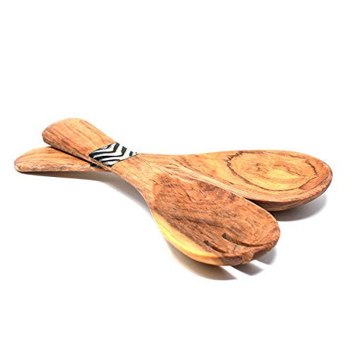 Global Crafts Small 8-inch Olive Wood Kenyan Salad Servers with Bone Inlay, Set of 2 (KWF009I)