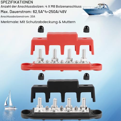 CPROSP 2-Piece Collecting Rail with Lid 250 A, Battery Connection Block 5 | Power distributor rail with 4 x M8 bolt connection; for car RV boat yacht; busbar box 250A--4*M8
