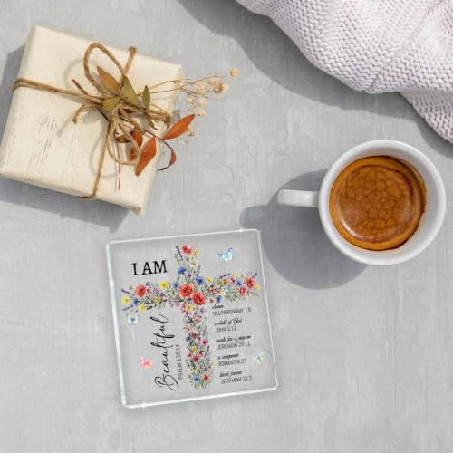 Baptism Gifts for Girl Women, Christian Desk Decor Square Acrylic Sign Wildflower Bible Verse Cross Print