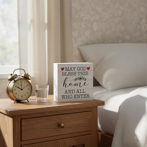 Bless This Home Sign | Bible Verse Decor Wooden Box Sign 5x5 Inch | Blessed Christian Table Accent | Rustic Farmhouse Religious Wooden Decoration-B07 Bless This Home
