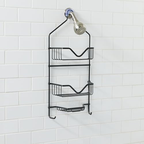 Bath Bliss 3 Tier Aluminum Shower Caddy | 2 Shelves | 1 Soap Dish | 2 Razor Hooks | Bathroom Storage | Holds Large Bottles | Black