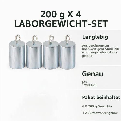 200g Precision Calibration Weight Set for Highest Accuracy, Chrome-plated Steel, 4-Piece with Hooks, Compact Storage Box for Laboratory and School Supplies