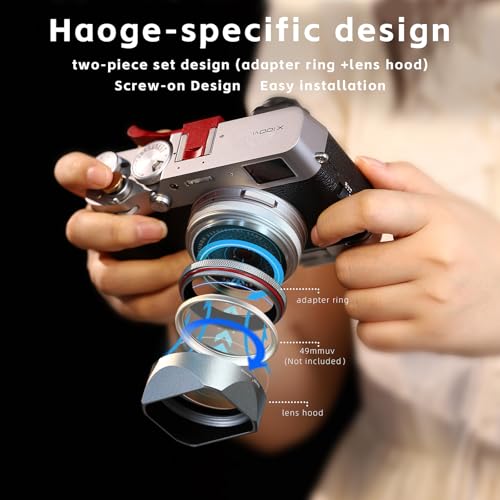 Haoge Square Metal Lens Hood for Fujifilm X100VI Fuji X100V X100F X100T X100S X70 Camera Silver with 49mm UV Filter Adapter Ring LH-XVI100S