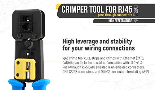 Everest Media Solutions RJ45 Crimp Tool for Pass Through Connector End - EZ Cut, Strip, Crimp Cat5e & Cat6 Ethernet Cables - Heavy Duty Crimper for RJ45 Plugs - Professional Network Crimping Tool