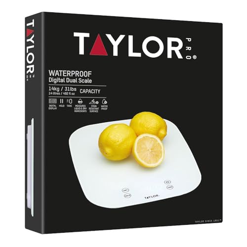 Taylor Pro Digital Kitchen Food Scales, Compact Professional Standard with Precision Accuracy and Waterproof Design with Tare Feature, White Glass, Weighs 14 kg/14 L Capacity Scale