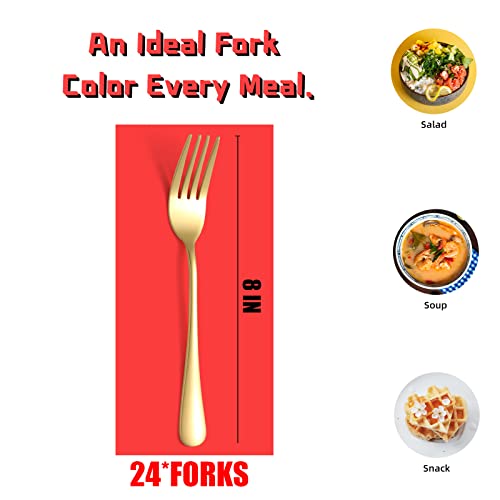 24 Piece Gold Silverware Forks, 8 Inch Metal Flatware, Mirror Polished, Food Grade Stainless Steel, Modern, Minimalist, Dishwasher Safe 24
