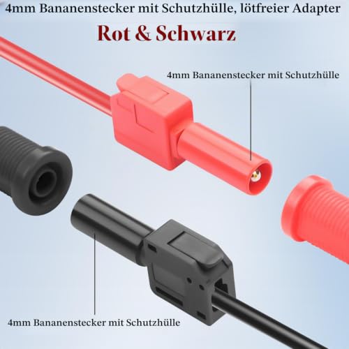 QIANRENON 4 mm Banana Plug Solderless Connection 32A M4 Sheath Banana Plug Quick Connection Adapter Crimping 4 mm Shroud Banana Plug, for Multimeter Test Circuit Oscilloscopes, Red + Black