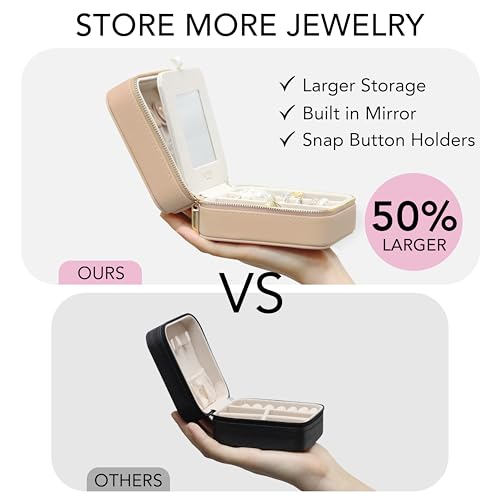 Saffiano Leather Travel Jewelry Box with Mirror | Portable Jewelry Zipper Case | Multi Compartments Jewelry Organizer for Women | Popular Gift Jewelry Box Rings Earrings Nacklaces (Sand) Sand