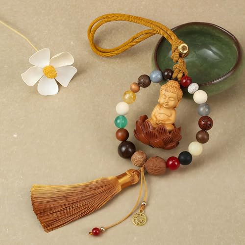 Traditional Chinese Fengshui Boxwood Buddha with Lotus Statue, Car Rearview Mirror Pendant, Lucky Protection Amulet, Home Hanging Ornament Decor (Yellow) Yellow