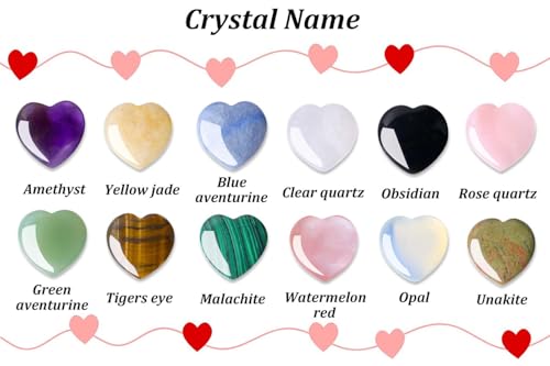 LAIDANLA 12 PCS Heart Crystals Healing Stones 1 inch Hearts Natural Gemstones Polished Bulk Heart Shaped Crystal Stone Set Rose Quartz Amethyst Reiki Meditation Gifts
