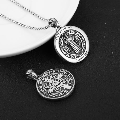 HZMAN Saint Benedict Medal Necklace for Men, Stainless Steel Vintage Matte Religious Pendant, 22"+2" Adjustable Chain Christian Faith Protection Jewelry for Men