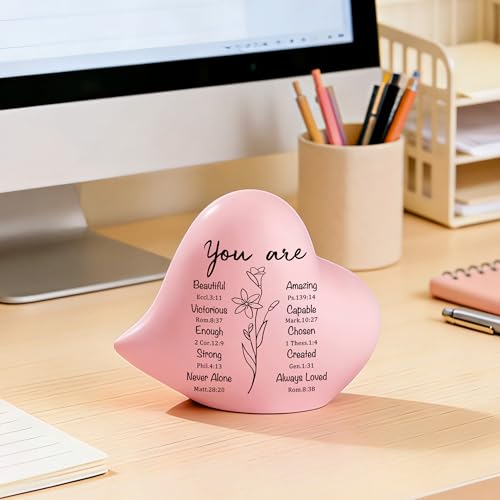 Pink Ceramic Heart Figurine, Christian Gift for Women, 4 Inch