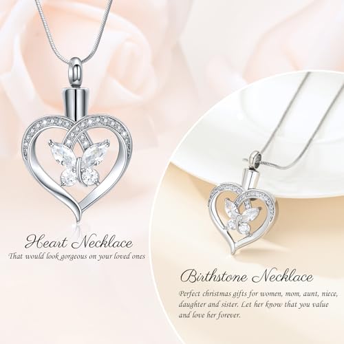 Minicremation Cremation Jewelry Heart Urn Necklace Ashes for Women infinitely Cremation jewellery Birthstone Locket Crystals Ash Loved One Memorial Pendant Butterfly-Silver