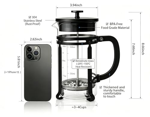 French Press Coffee Maker 304 Stainless Steel Double Mesh Filter, Borosilicate Glass French Press-34oz Black 34oz-Clasic
