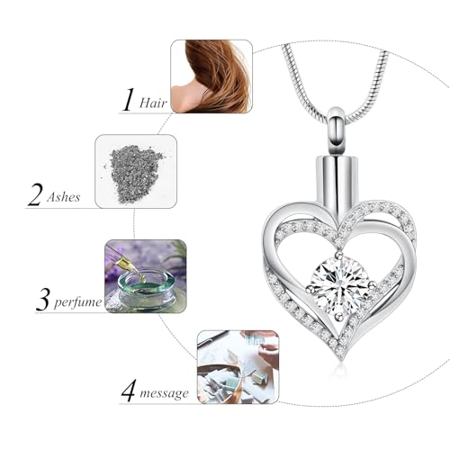 Cremation Jewelry Heart Urn Necklace for Ashes for Women Gilrs Memorial Keepsake Birthstone Pendant Silver-White