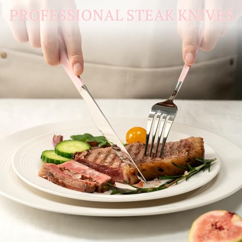 Astercook Silverware Set with Steak Knives 24-Piece Flatware Set for 4 Food-Grade Stainless Steel Pink Cutlery Set Mirror Polished Utensils Set Include Spoons and Forks for Home Kitchen Restaurant 24 PCS