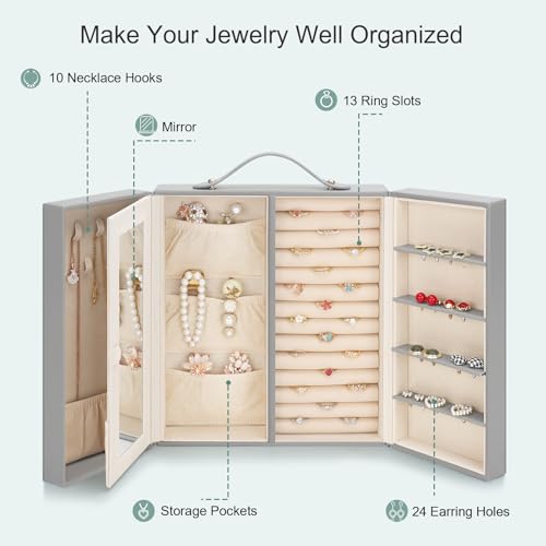 DesignSter Jewelry Box for Women, Jewelry Storage with Mirror, Travel Jewelry Organizer with Handle for Stud Earrings, Rings, Necklaces, Bracelets(Gray & Tea Green) Gray & Tea Green